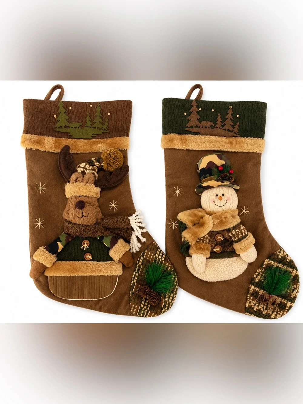 Handmade Rustic Artisan Christmas Stocking Set 2 Woodland Moose & Snowman Luxury